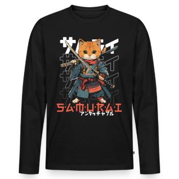 Chat Samouraï Chat Ninja Japonais Kawaii - T-shirt manches longues Premium bio Homme - noir - Devant - Nico (187cm)