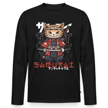 Samurai Cat Kawaii Japanische Ninja Katze - Männer Premium Bio Langarmshirt - Schwarz - Vorne - Nico (187cm)