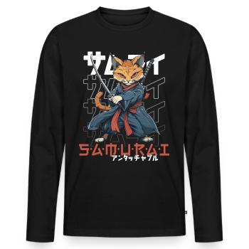 Chat Samouraï Chat Ninja Japonais Kawaii - T-shirt manches longues Premium bio Homme - noir - Devant - Nico (187cm)