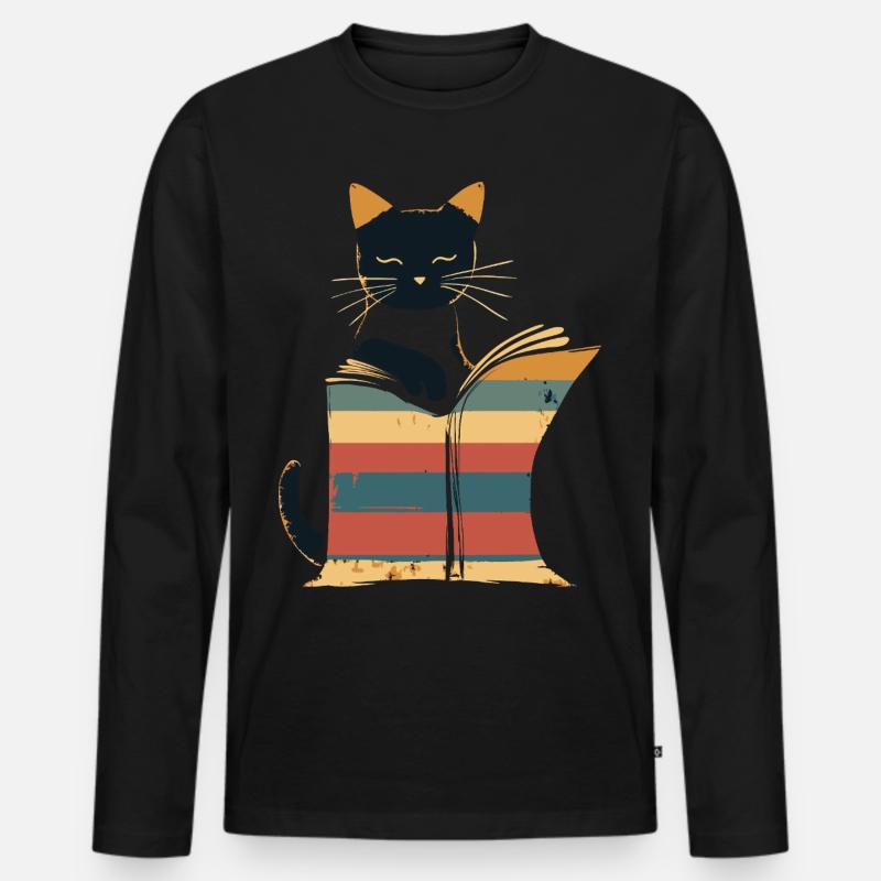 Schwarze Katze liest Buch - Männer Premium Bio Langarmshirt - Schwarz