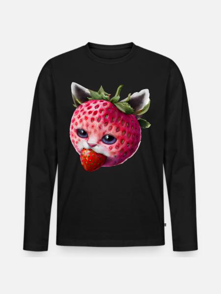 Erdbeerkatze - Männer Premium Bio Langarmshirt - Schwarz