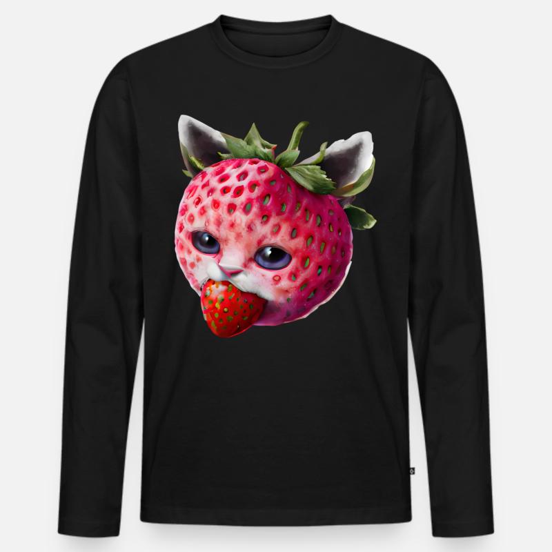 Erdbeerkatze - Männer Premium Bio Langarmshirt - Schwarz