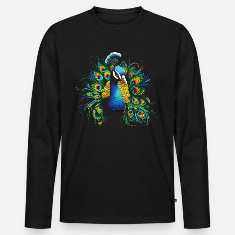 Pfau Pfauenfeder Exotisch Farbenfroh Bunt Kunst - Männer Premium Bio Langarmshirt - Schwarz