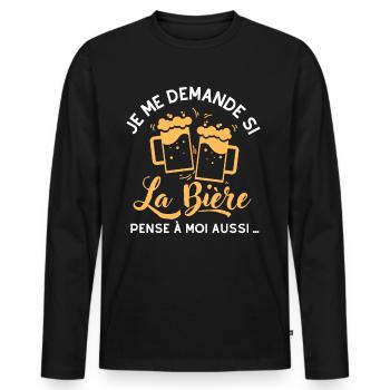 Je me demande si la bière pense à moi aussi 2 - T-shirt manches longues Premium bio Homme - noir - Devant - Nico (187cm)