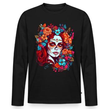 Dia de los muertos femme maquillage avec des fleurs - T-shirt manches longues Premium bio Homme - noir - Devant - Nico (187cm)