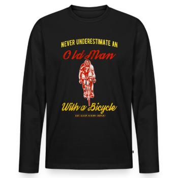 Vieil homme cycliste sur route cycliste dire drôle - T-shirt manches longues Premium bio Homme - noir - Devant - Nico (187cm)