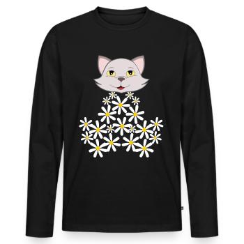 Chat marguerite de fleurs - T-shirt manches longues Premium bio Homme - noir - Devant - Nico (187cm)