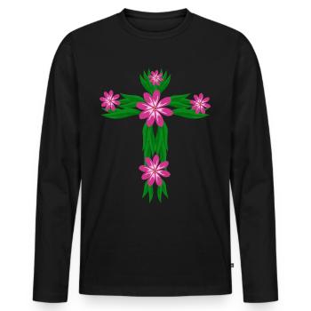 Jésus-Christ fleurs croix christianisme - T-shirt manches longues Premium bio Homme - noir - Devant - Nico (187cm)