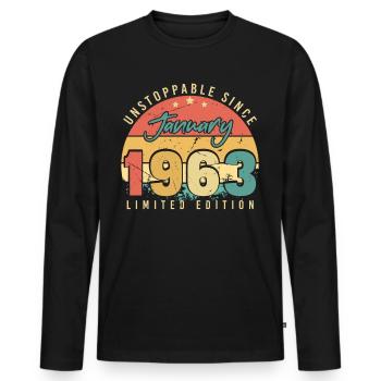 1963 Januar Retro Nicht Zu Stoppen - Männer Premium Bio Langarmshirt - Schwarz - Vorne - Nico (187cm)