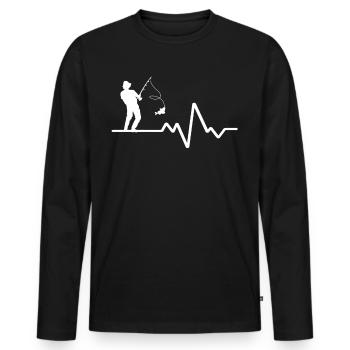 Herzschlaglinie Mit Hobbyfischer Weisses Design - Männer Premium Bio Langarmshirt - Schwarz - Vorne - Nico (187cm)