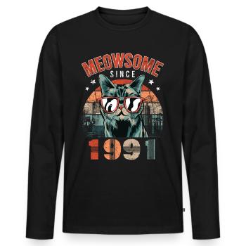 Meowsome 1991 Année de naissance 1991 Anniversaire du chat - T-shirt manches longues Premium bio Homme - noir - Devant - Nico (187cm)