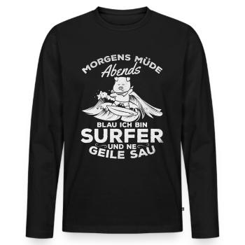 Morgens müde Abends blau ich bin Surfer und ne - Männer Premium Bio Langarmshirt - Schwarz - Vorne - Nico (187cm)