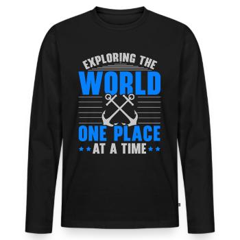 Exploring the world, one place at a time, lake - Men's Premium Organic Long Sleeve Shirt - black - Front - Nico (187cm)