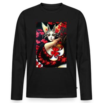 Masque de renard Kitsune et fleurs de cerisier - T-shirt manches longues Premium bio Homme - noir - Devant - Nico (187cm)