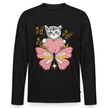 Chat avec Cœur-Tournesol-Amour-Chat-Papillon - T-shirt manches longues Premium bio Homme - noir - Devant - Nico (187cm)