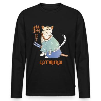 Katze Samurai Catmurai Japanischer Krieger Lustige - Männer Premium Bio Langarmshirt - Schwarz - Vorne - Nico (187cm)