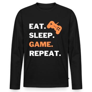 eat sleep game repeat gamer Tshirt - Männer Premium Bio Langarmshirt - Schwarz - Vorne - Nico (187cm)