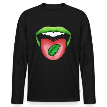 Lèvres vertes de la bouche avec feuille sur la langue, allez - T-shirt manches longues Premium bio Homme - noir - Devant - Nico (187cm)