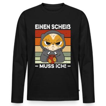 Einen Scheiß muss ich Spruch Katze Kaffee Retro - Männer Premium Bio Langarmshirt - Schwarz - Vorne - Nico (187cm)