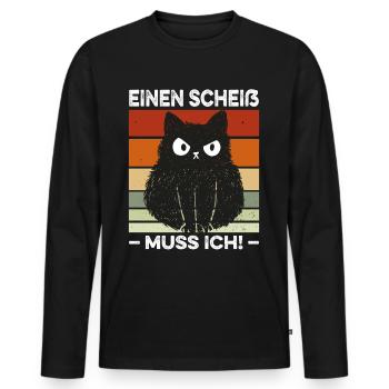 Einen Scheiß muss ich Spruch Katze Retro - Männer Premium Bio Langarmshirt - Schwarz - Vorne - Nico (187cm)