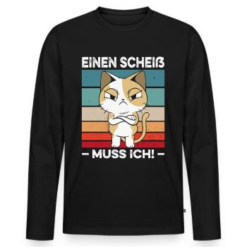 Einen Scheiß muss ich Spruch Katze Retro - Männer Premium Bio Langarmshirt - Schwarz - Vorne - Nico (187cm)