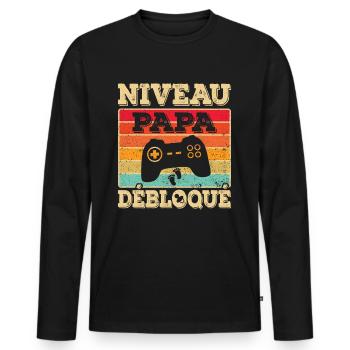 Annonce Grossesse Futur Papa Niveau Papa Débloqué - T-shirt manches longues Premium bio Homme - noir - Devant - Nico (187cm)