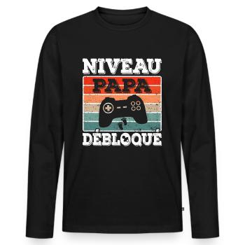 Futur Papa Annonce Grossesse Niveau Papa Débloqué - T-shirt manches longues Premium bio Homme - noir - Devant - Nico (187cm)