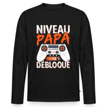 Annonce Grossesse Futur Papa Niveau Papa Débloqué - T-shirt manches longues Premium bio Homme - noir - Devant - Nico (187cm)
