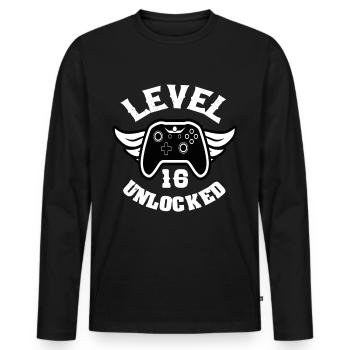 Niveau 16 Débloqué 16 Anniversaire - T-shirt manches longues Premium bio Homme - noir - Devant - Nico (187cm)