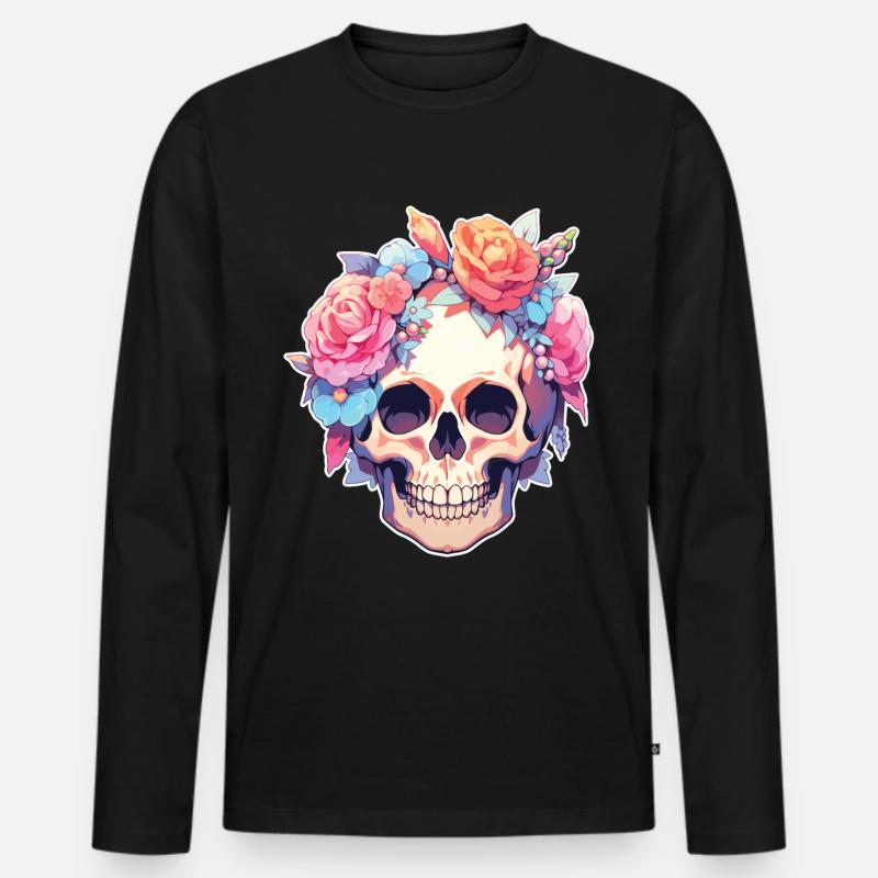 Skulls Skull Blumen Blumenschädel Totenschädel - Männer Premium Bio Langarmshirt - Schwarz