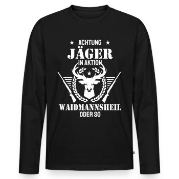 Achtung Jäger in Aktion Waidmannsheil - Männer Premium Bio Langarmshirt - Schwarz - Vorne - Nico (187cm)