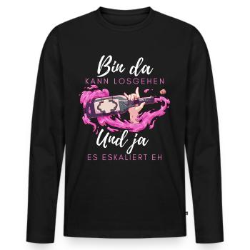 Bin da kann losgehen ja es eskaliert eh mit Wein - Männer Premium Bio Langarmshirt - Schwarz - Vorne - Nico (187cm)