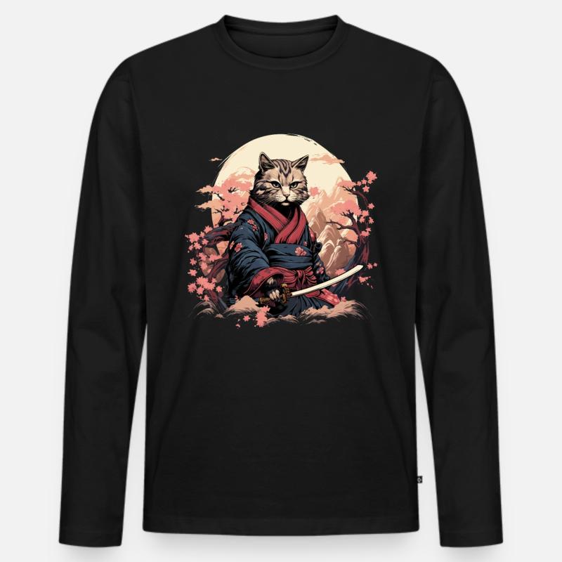 Ninja Cat Samurai Artwork - Männer Premium Bio Langarmshirt - Schwarz
