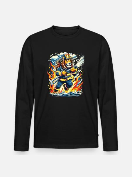 Lion, Pompier, Pompier, Flammes, Héros - T-shirt manches longues Premium bio Homme - noir