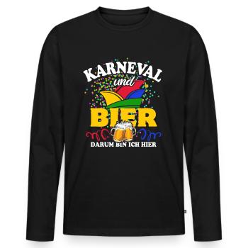 Karneval & Bier - darum bin ich hier - Spruch - Männer Premium Bio Langarmshirt - Schwarz - Vorne - Nico (187cm)