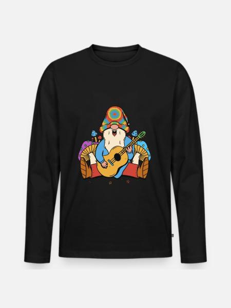 Hippie, Kabouter, Dwergpaddestoelen, Muziek, Muzikant, Gitaar - Mannen Premium Bio shirt met lange mouwen - zwart