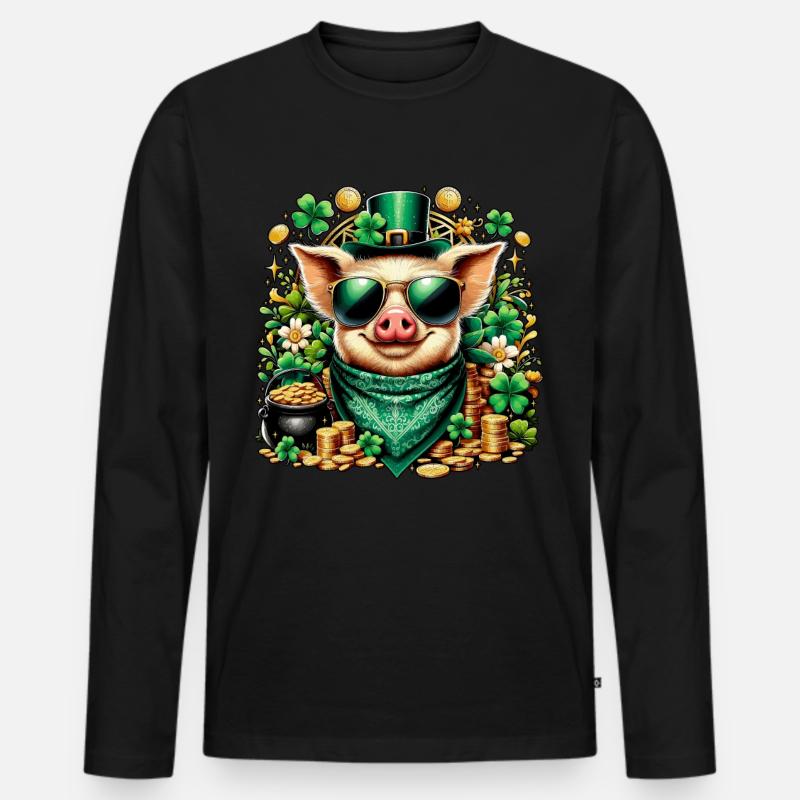 Cooles Schwein mit Kleeblatt - Männer Premium Bio Langarmshirt - Schwarz