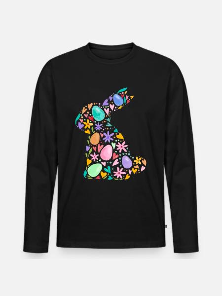 Farverig påskehare, påskeæg, blomster, påskegrafik - Premium økologisk langærmet T-shirt til mænd - sort