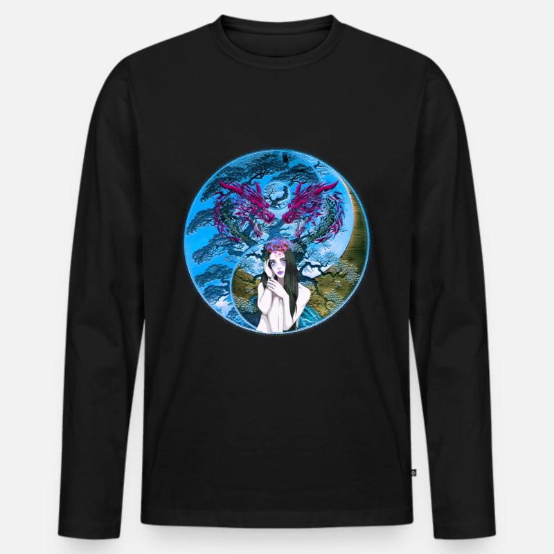 Drache Drachen Mädchen Märchen Fantasy - Männer Premium Bio Langarmshirt - Schwarz