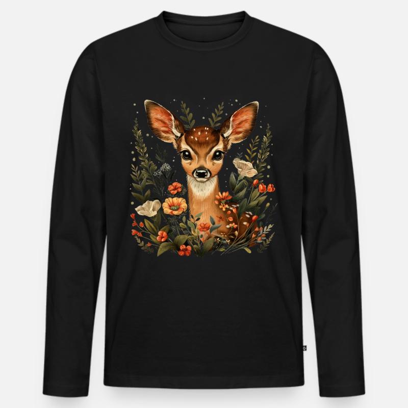 Blumen Hirsch - Männer Premium Bio Langarmshirt - Schwarz