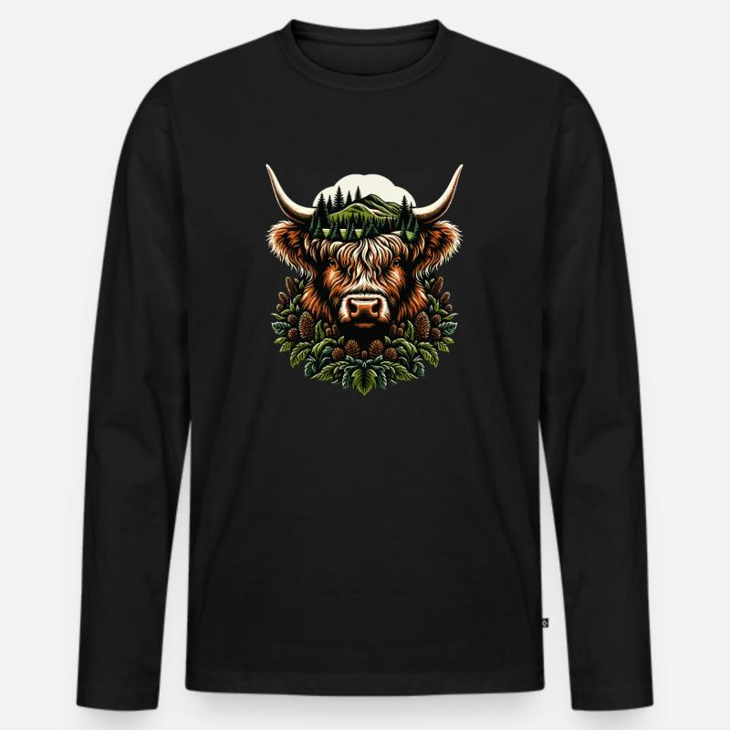 Schottische Hochlandkuh Rustikal - Männer Premium Bio Langarmshirt - Schwarz