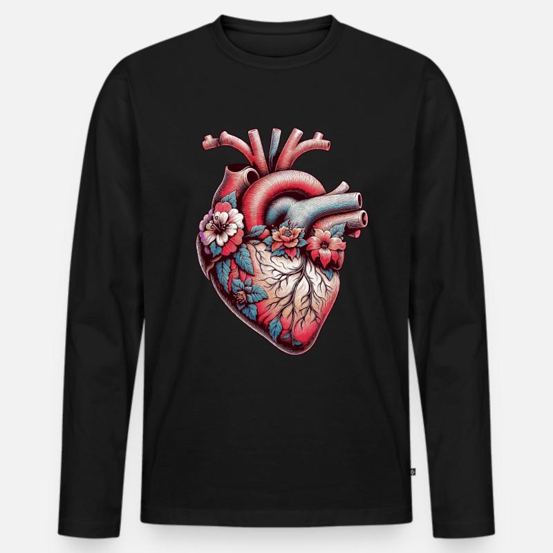 Anatomisches Herz mit Blumen - Männer Premium Bio Langarmshirt - Schwarz