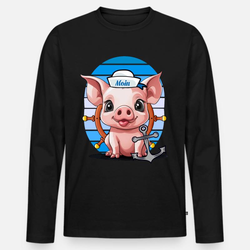 Schwein Matrose Steuermann Anker Maritim - Männer Premium Bio Langarmshirt - Schwarz