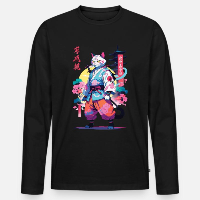 Samurai Katze Vaporwave Aesthetic - Männer Premium Bio Langarmshirt - Schwarz