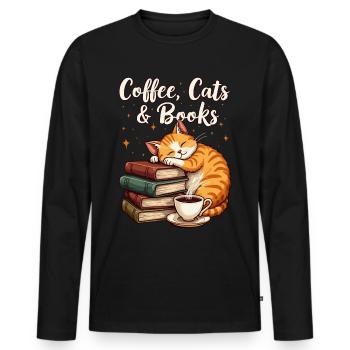 Café, Chat, Livre et lecture, Amateur de café - T-shirt manches longues Premium bio Homme - noir - Devant - Nico (187cm)