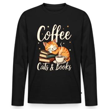Café, Chat, Livre et lecture, Amateur de café - T-shirt manches longues Premium bio Homme - noir - Devant - Nico (187cm)