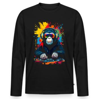 Monkey en tant que DJ, platine, disco, disc-jockey, EDM, soirée - T-shirt manches longues Premium bio Homme - noir - Devant - Nico (187cm)
