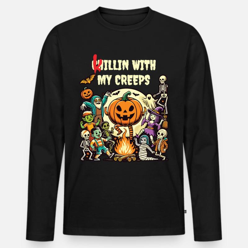 Herbstspaß Mit Halloween Freunden - Männer Premium Bio Langarmshirt - Schwarz