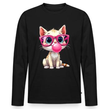 Chat à lunettes, chaton, chewing-gum, kawaii - T-shirt manches longues Premium bio Homme - noir - Devant - Nico (187cm)