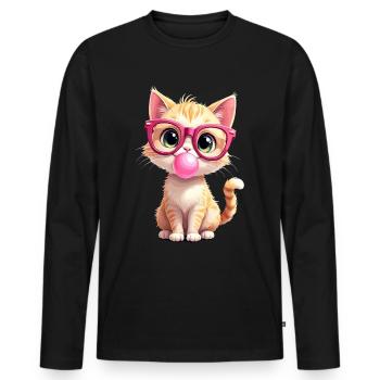 Chat à lunettes, chaton, chewing-gum, kawaii - T-shirt manches longues Premium bio Homme - noir - Devant - Nico (187cm)